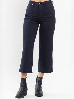 Judy Blue High Waist Garment Dyed Wide Leg Crop Black Denim Jeans